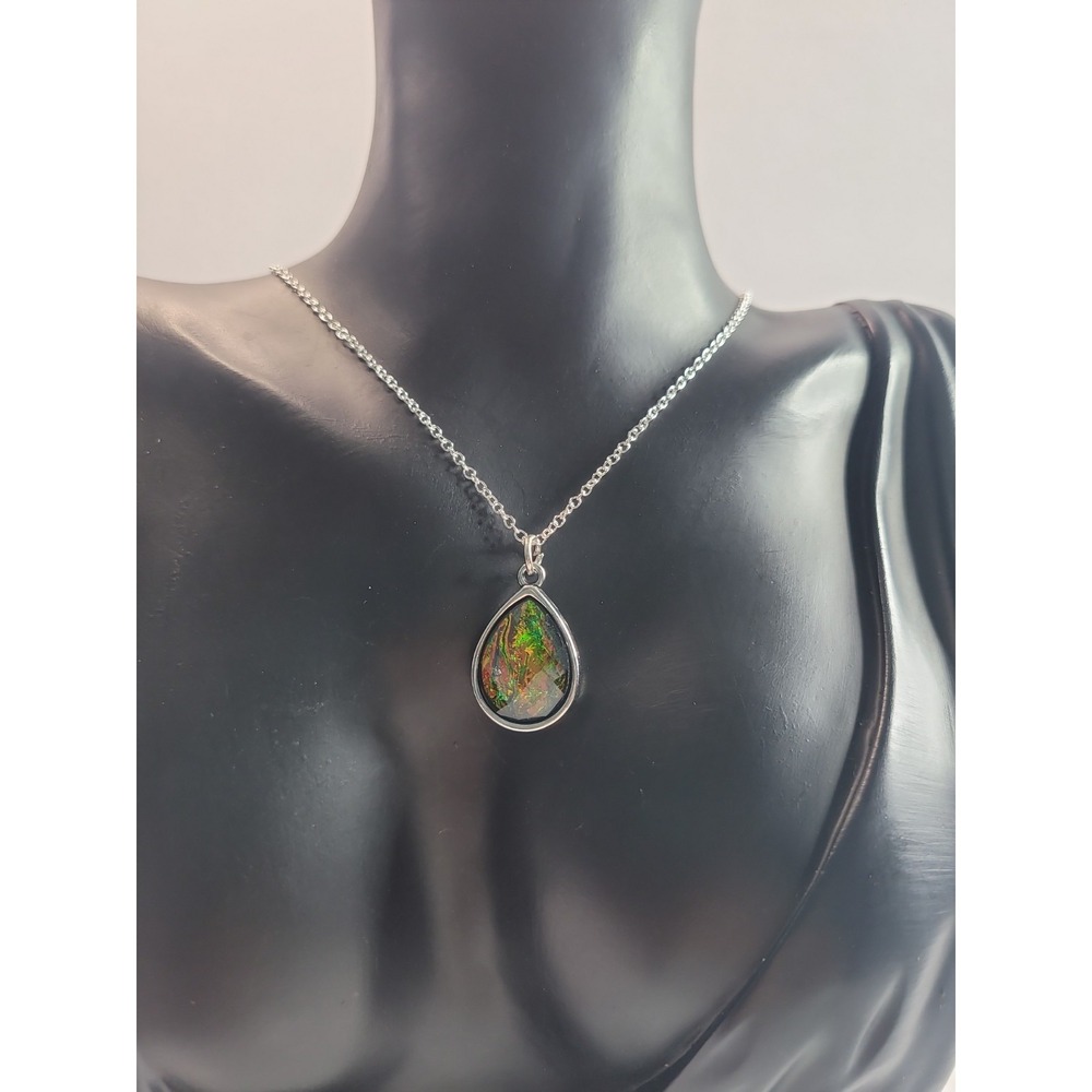 Silver Tone Teardrop Opal Pendant Necklace Iridescent Aurora Borealis Statement